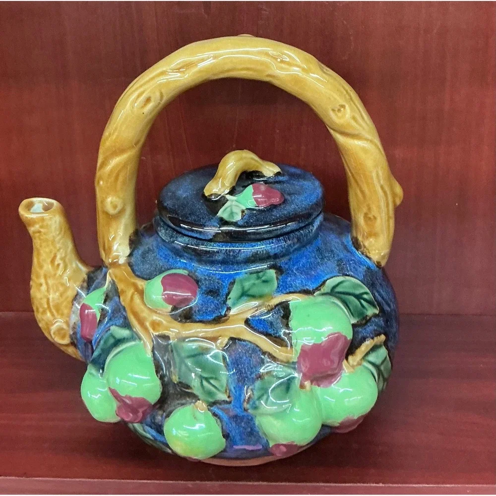 Vintage Ceramic Fruit Teapot Blue Drip Glaze Relief Apple Branch Cottagecore
